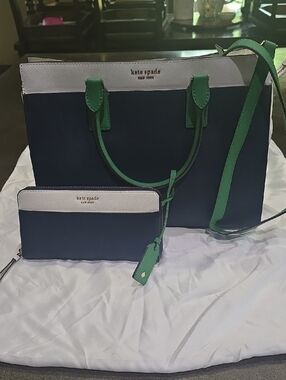 kate spade Navy, Green & Light Gray Colorblock Tote with Wristlet